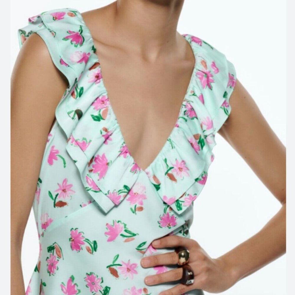 ZARA Green x Pink Floral Satin Dress with Ruffles - S